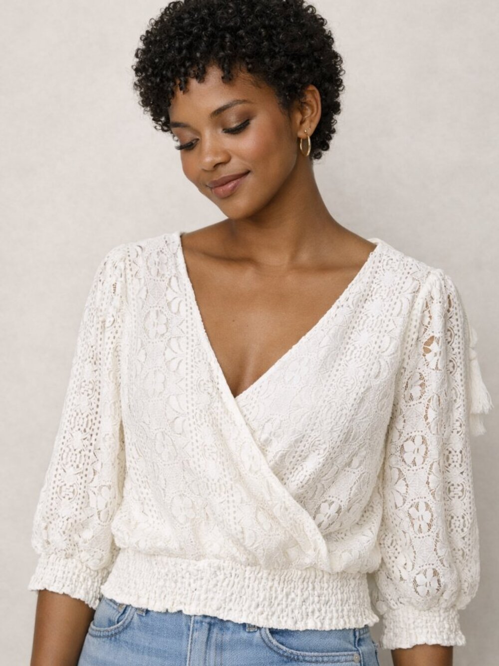 Flying Tomato White Lace Wrap Blouse 70% Cotton Boho Feminine Top Size Medium